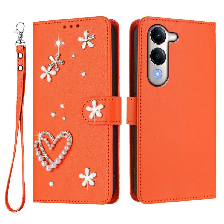 For vivo Y29s 5G Global / Y04 5G Global ZS01 Double-Layer Heart Floral Vegan Leather Phone Case with Wrist Strap