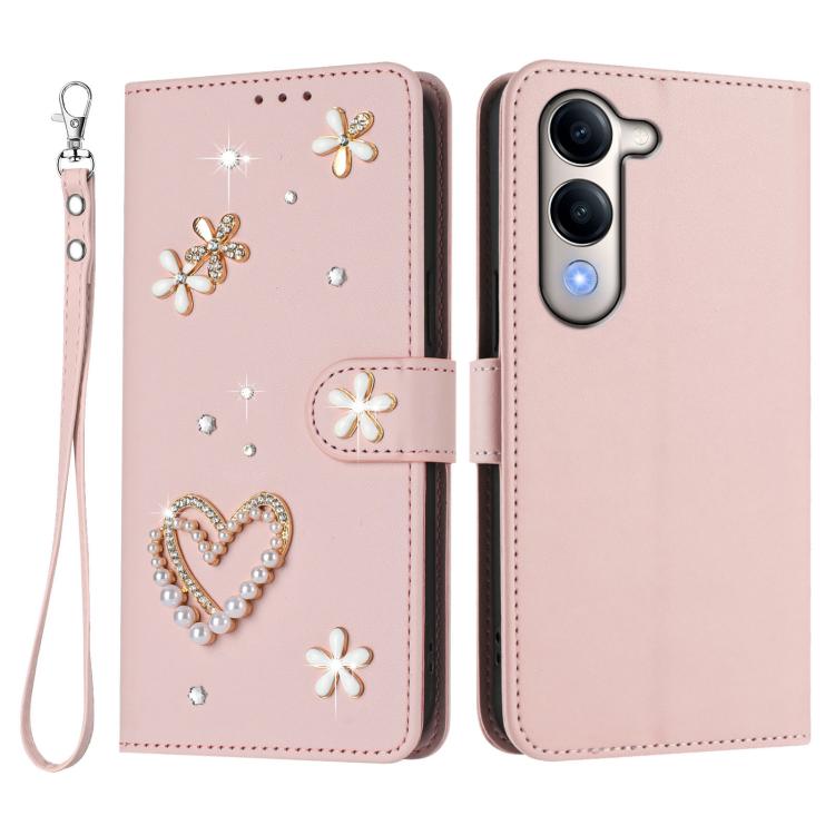 For vivo Y29s 5G Global / Y04 5G Global ZS01 Double-Layer Heart Floral Vegan Leather Phone Case with Wrist Strap