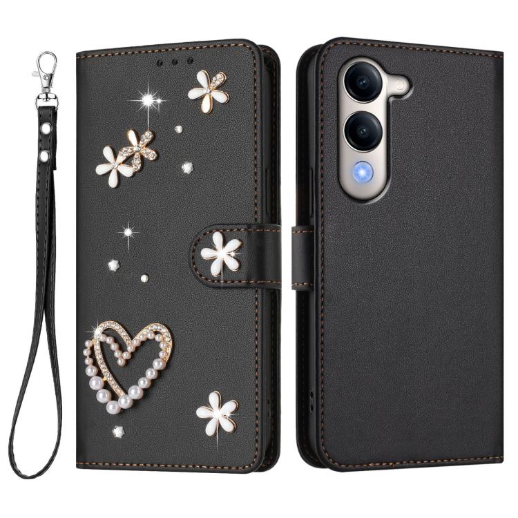 For vivo Y29s 5G Global / Y04 5G Global ZS01 Double-Layer Heart Floral Vegan Leather Phone Case with Wrist Strap