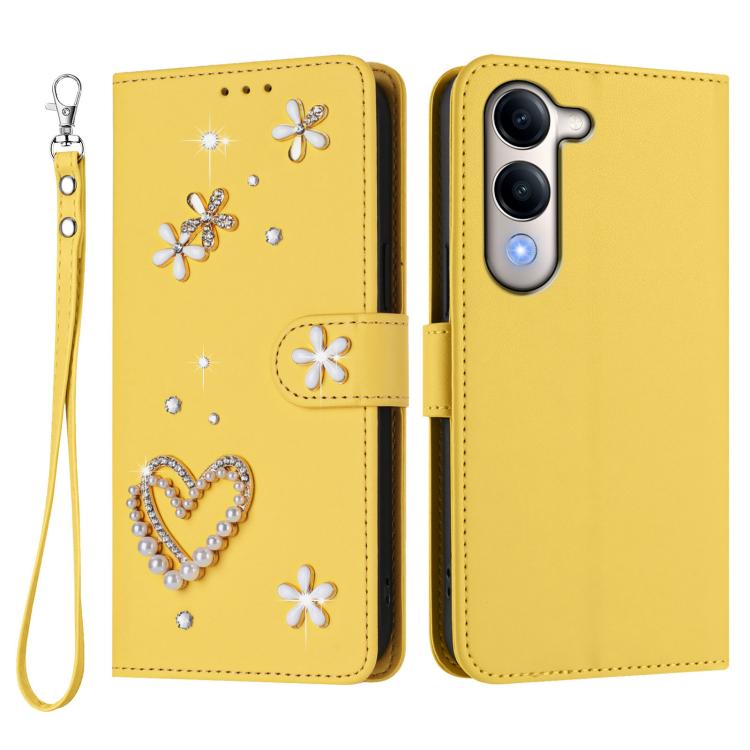 For vivo Y29s 5G Global / Y04 5G Global ZS01 Double-Layer Heart Floral Vegan Leather Phone Case with Wrist Strap