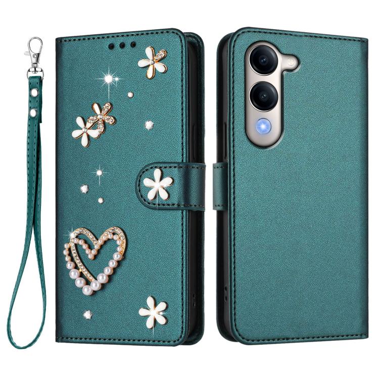 For vivo Y29s 5G Global / Y04 5G Global ZS01 Double-Layer Heart Floral Vegan Leather Phone Case with Wrist Strap