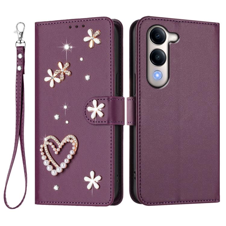 For vivo Y29s 5G Global / Y04 5G Global ZS01 Double-Layer Heart Floral Vegan Leather Phone Case with Wrist Strap