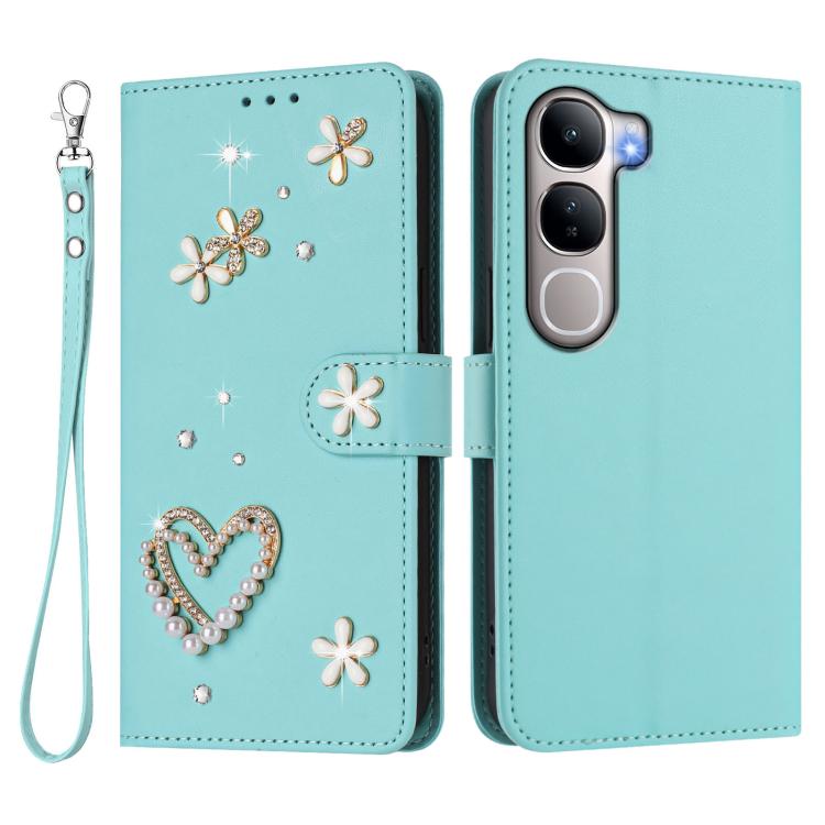 For vivo Y31 5G Global / Y21d ZS01 Double-Layer Heart Floral Vegan Leather Phone Case with Wrist Strap