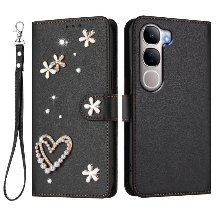 For vivo Y31 5G Global / Y21d ZS01 Double-Layer Heart Floral Vegan Leather Phone Case with Wrist Strap