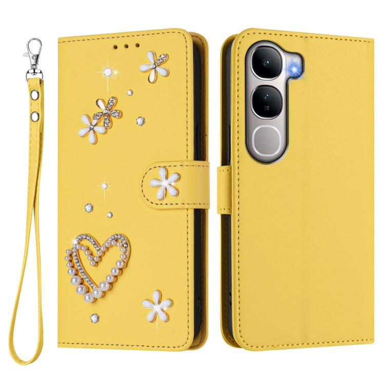 For vivo Y31 5G Global / Y21d ZS01 Double-Layer Heart Floral Vegan Leather Phone Case with Wrist Strap