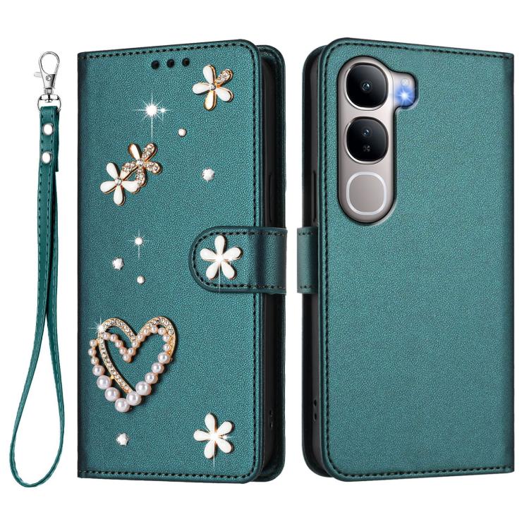 For vivo Y31 5G Global / Y21d ZS01 Double-Layer Heart Floral Vegan Leather Phone Case with Wrist Strap
