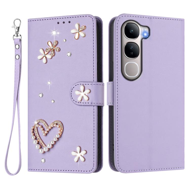 For vivo Y31 5G Global / Y21d ZS01 Double-Layer Heart Floral Vegan Leather Phone Case with Wrist Strap