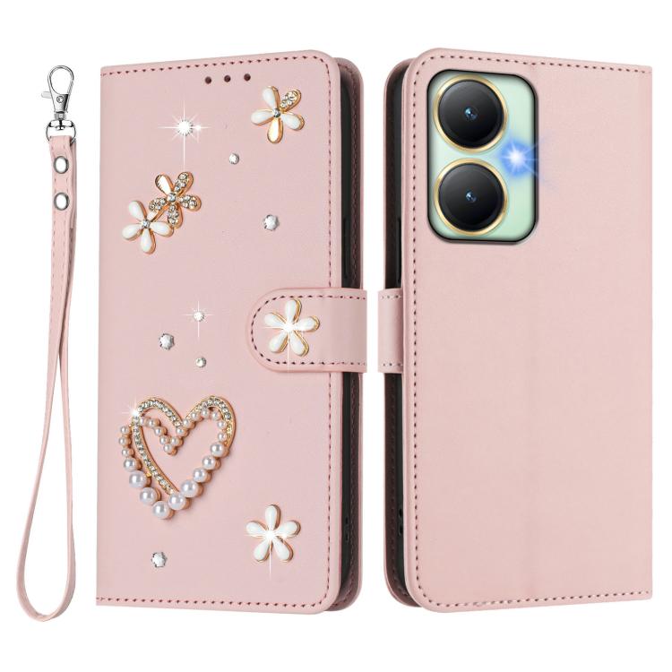 For vivo Y27 4G 2023 Global ZS01 Double-Layer Heart Floral Vegan Leather Phone Case with Wrist Strap
