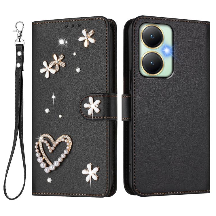 For vivo Y27 4G 2023 Global ZS01 Double-Layer Heart Floral Vegan Leather Phone Case with Wrist Strap