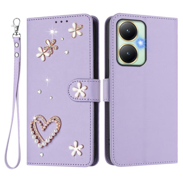 For vivo Y27 4G 2023 Global ZS01 Double-Layer Heart Floral Vegan Leather Phone Case with Wrist Strap