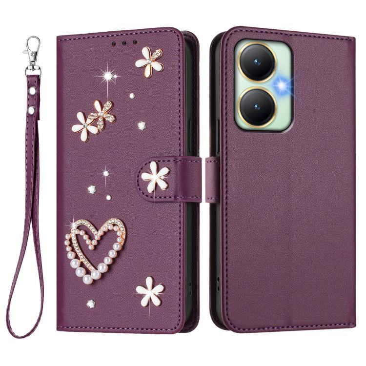 For vivo Y27 4G 2023 Global ZS01 Double-Layer Heart Floral Vegan Leather Phone Case with Wrist Strap