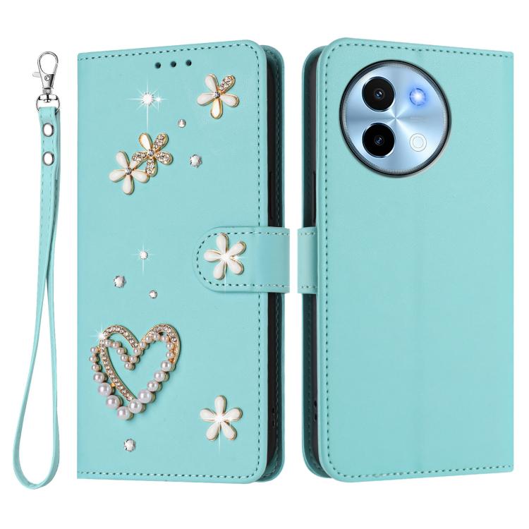 For vivo Y38 5G Global / T3x 5G Global ZS01 Double-Layer Heart Floral Vegan Leather Phone Case with Wrist Strap