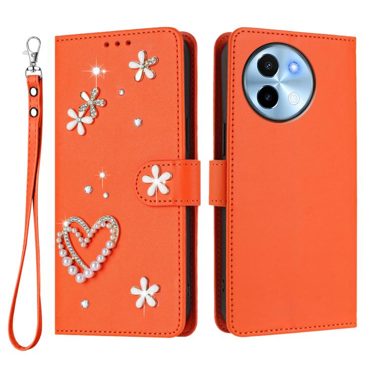 For vivo Y38 5G Global / T3x 5G Global ZS01 Double-Layer Heart Floral Vegan Leather Phone Case with Wrist Strap