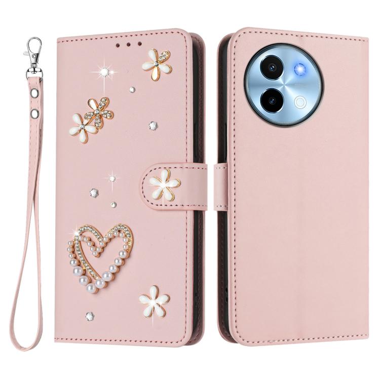 For vivo Y38 5G Global / T3x 5G Global ZS01 Double-Layer Heart Floral Vegan Leather Phone Case with Wrist Strap