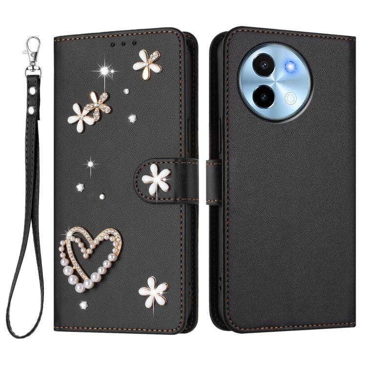 For vivo Y38 5G Global / T3x 5G Global ZS01 Double-Layer Heart Floral Vegan Leather Phone Case with Wrist Strap