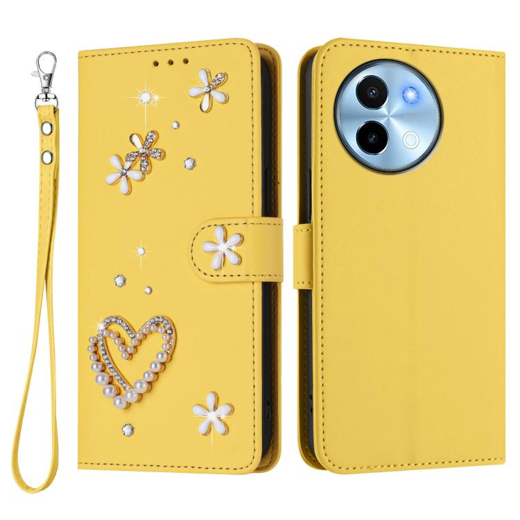 For vivo Y38 5G Global / T3x 5G Global ZS01 Double-Layer Heart Floral Vegan Leather Phone Case with Wrist Strap