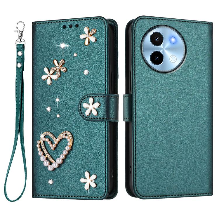 For vivo Y38 5G Global / T3x 5G Global ZS01 Double-Layer Heart Floral Vegan Leather Phone Case with Wrist Strap