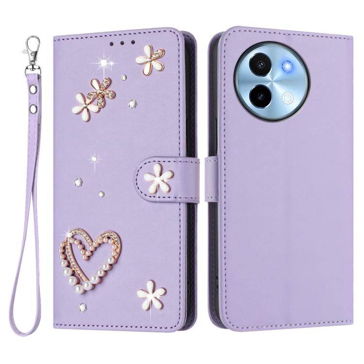 For vivo Y38 5G Global / T3x 5G Global ZS01 Double-Layer Heart Floral Vegan Leather Phone Case with Wrist Strap