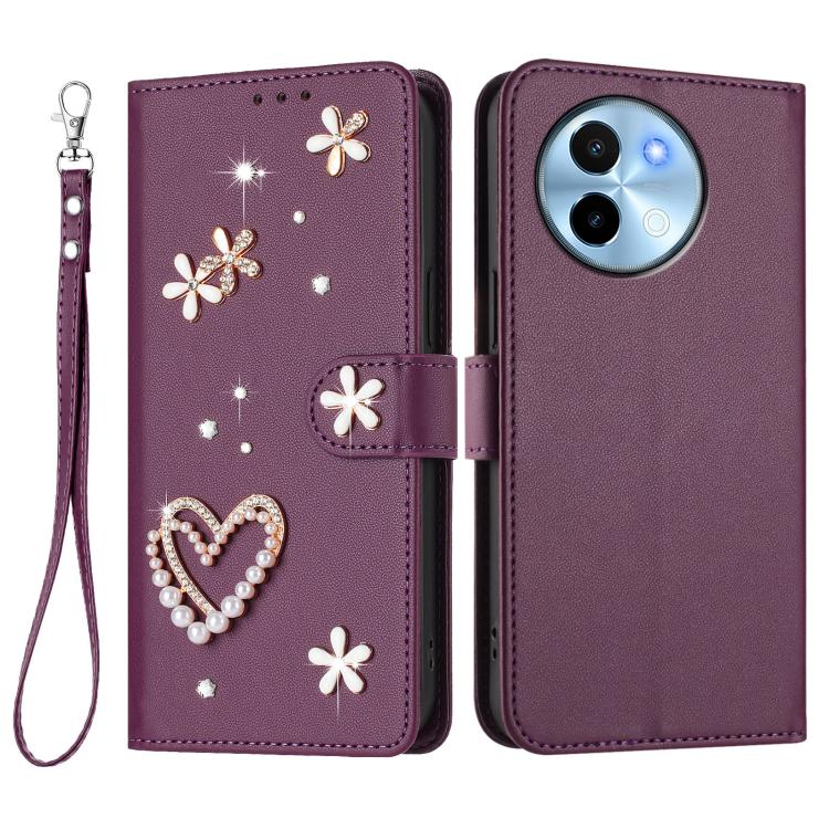 For vivo Y38 5G Global / T3x 5G Global ZS01 Double-Layer Heart Floral Vegan Leather Phone Case with Wrist Strap
