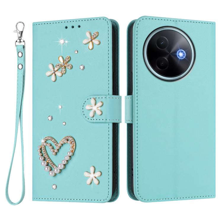 For vivo Y39 5G Global ZS01 Double-Layer Heart Floral Vegan Leather Phone Case with Wrist Strap