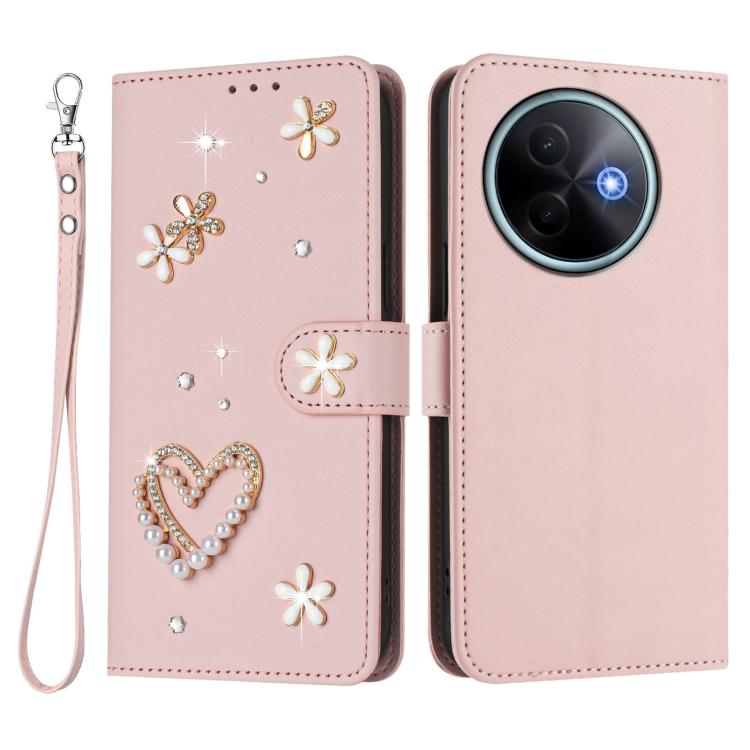 For vivo Y39 5G Global ZS01 Double-Layer Heart Floral Vegan Leather Phone Case with Wrist Strap