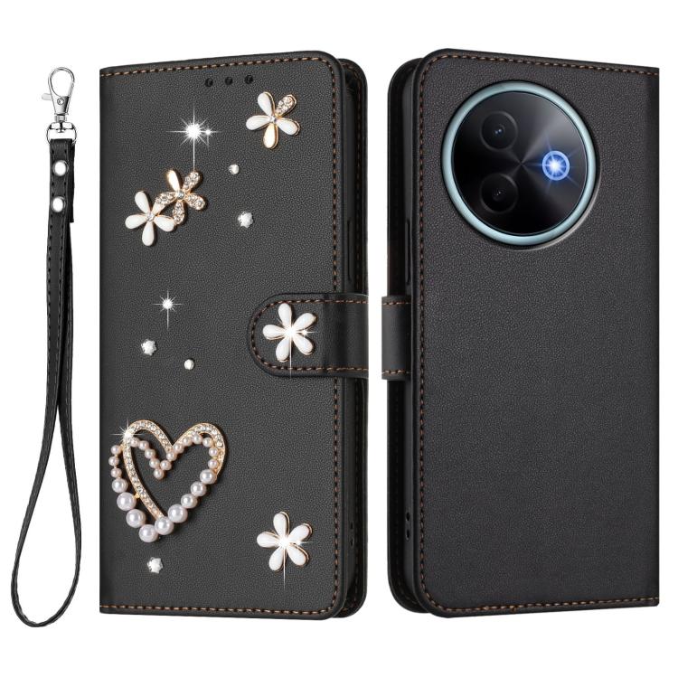 For vivo Y39 5G Global ZS01 Double-Layer Heart Floral Vegan Leather Phone Case with Wrist Strap