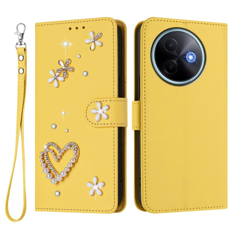 For vivo Y39 5G Global ZS01 Double-Layer Heart Floral Vegan Leather Phone Case with Wrist Strap