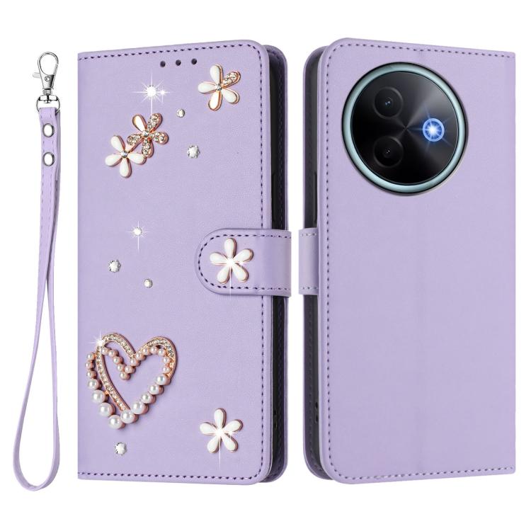 For vivo Y39 5G Global ZS01 Double-Layer Heart Floral Vegan Leather Phone Case with Wrist Strap