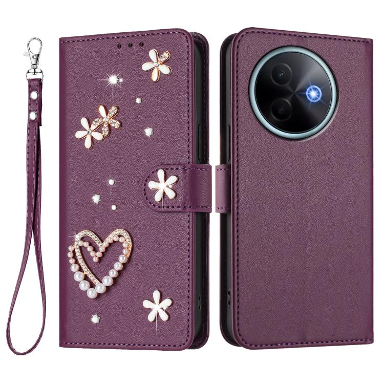 For vivo Y39 5G Global ZS01 Double-Layer Heart Floral Vegan Leather Phone Case with Wrist Strap