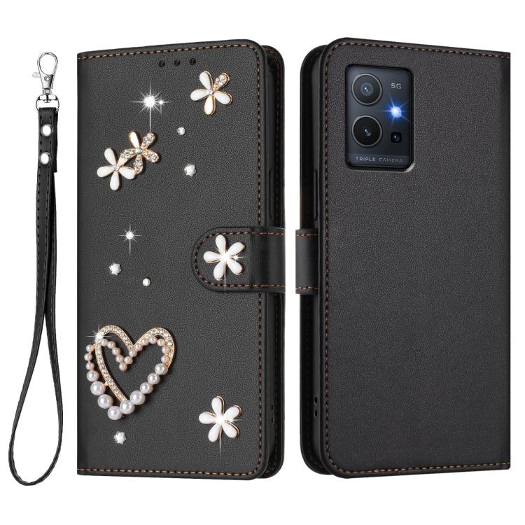 For vivo Y55s 2023 5G / Y55 5G Global ZS01 Double-Layer Heart Floral Vegan Leather Phone Case with Wrist Strap