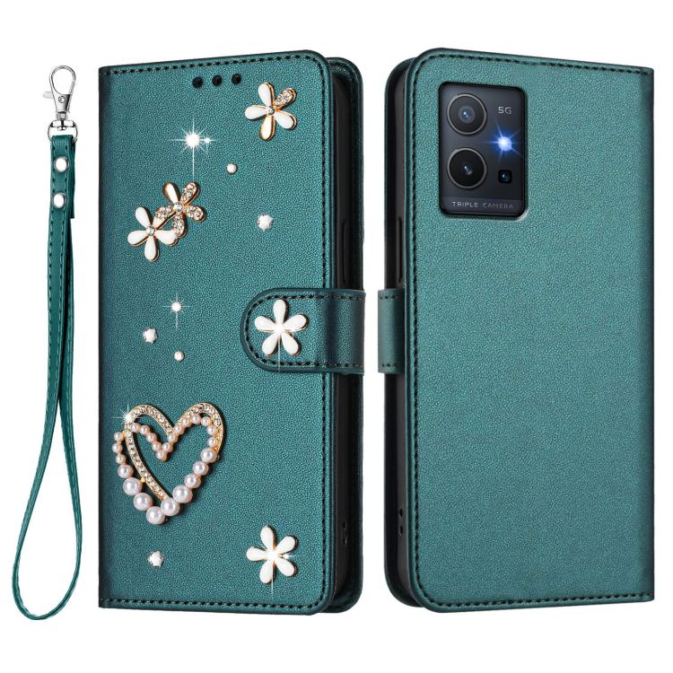 For vivo Y55s 2023 5G / Y55 5G Global ZS01 Double-Layer Heart Floral Vegan Leather Phone Case with Wrist Strap