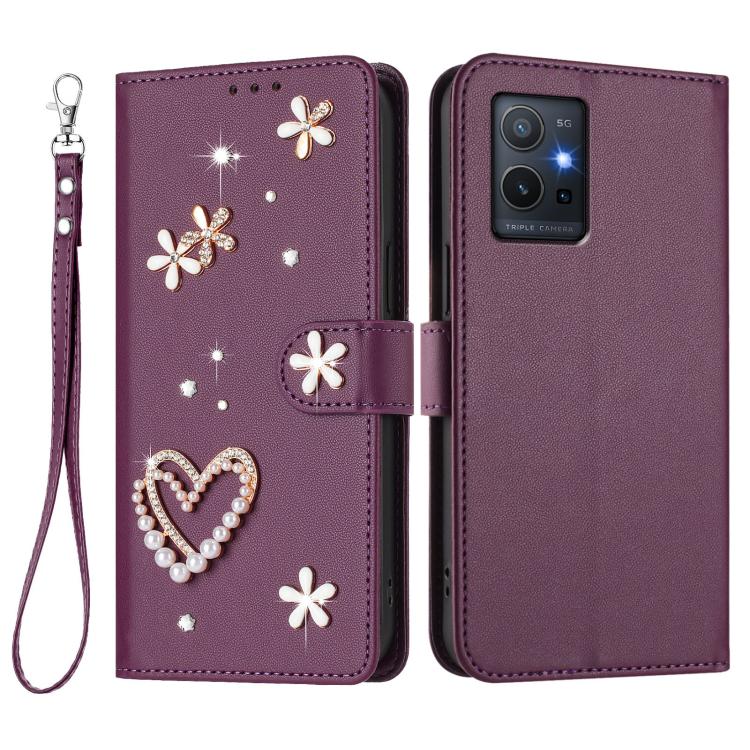 For vivo Y55s 2023 5G / Y55 5G Global ZS01 Double-Layer Heart Floral Vegan Leather Phone Case with Wrist Strap