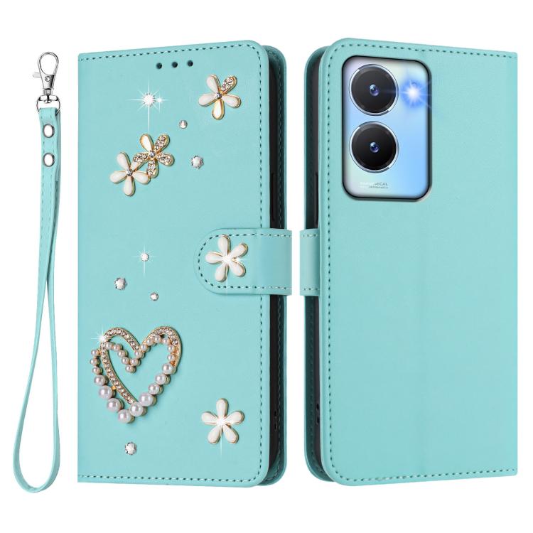For vivo Y56 5G Global / Y16 4G Global ZS01 Double-Layer Heart Floral Vegan Leather Phone Case with Wrist Strap