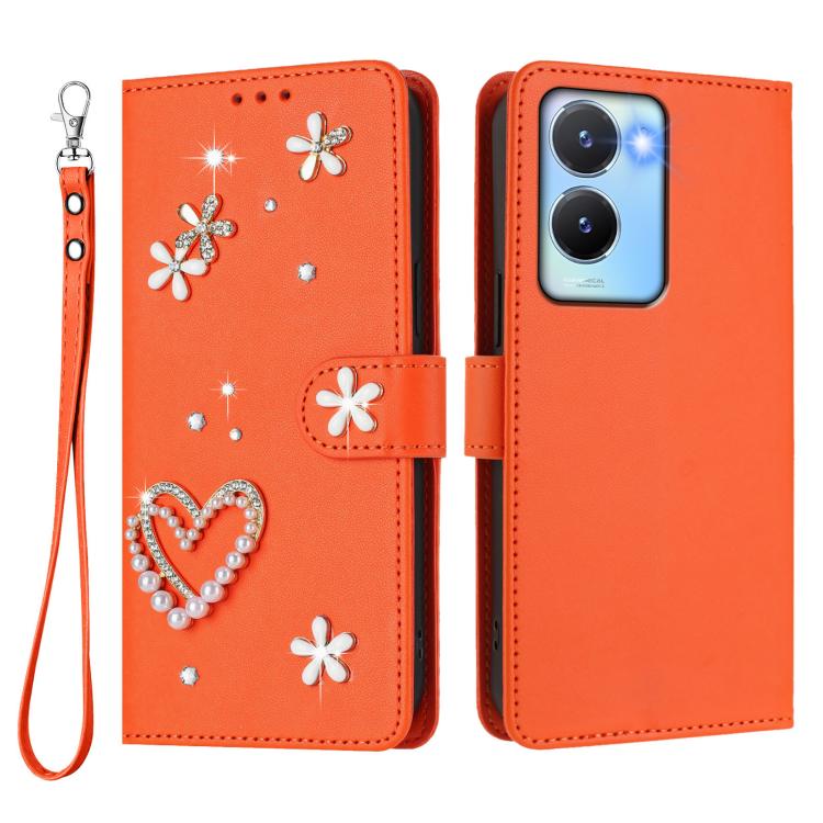 For vivo Y56 5G Global / Y16 4G Global ZS01 Double-Layer Heart Floral Vegan Leather Phone Case with Wrist Strap