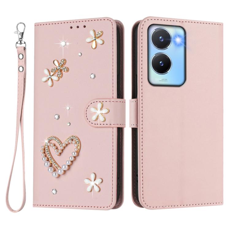 For vivo Y56 5G Global / Y16 4G Global ZS01 Double-Layer Heart Floral Vegan Leather Phone Case with Wrist Strap
