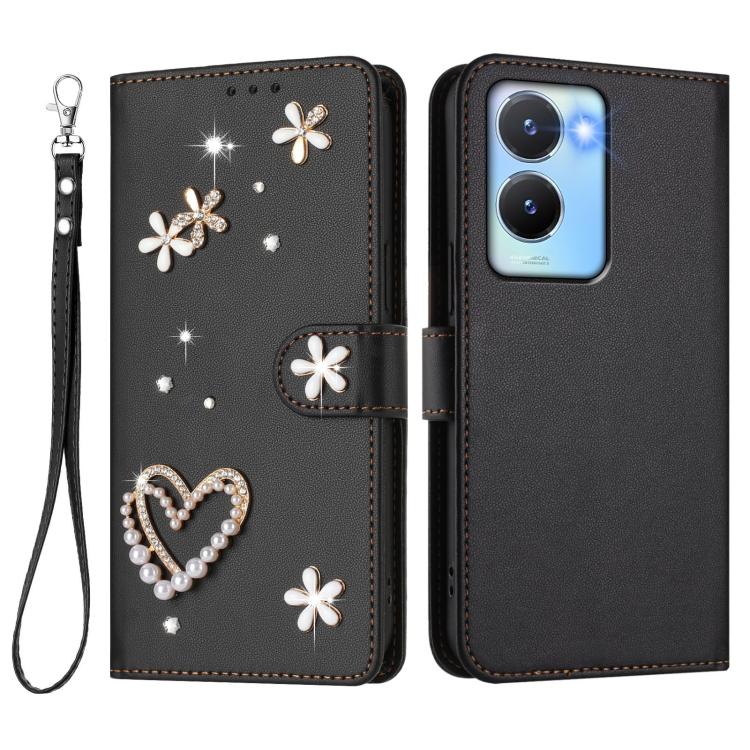 For vivo Y56 5G Global / Y16 4G Global ZS01 Double-Layer Heart Floral Vegan Leather Phone Case with Wrist Strap