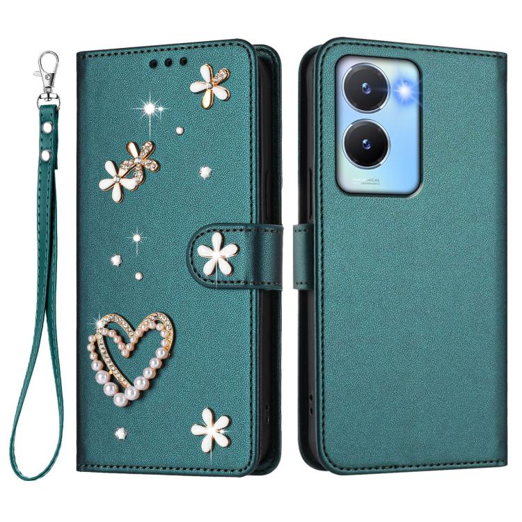 For vivo Y56 5G Global / Y16 4G Global ZS01 Double-Layer Heart Floral Vegan Leather Phone Case with Wrist Strap