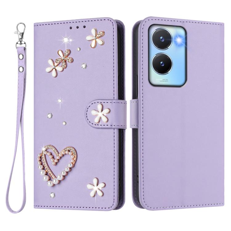 For vivo Y56 5G Global / Y16 4G Global ZS01 Double-Layer Heart Floral Vegan Leather Phone Case with Wrist Strap