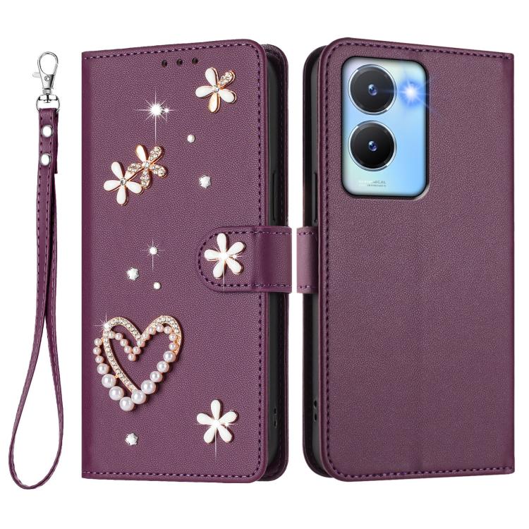 For vivo Y56 5G Global / Y16 4G Global ZS01 Double-Layer Heart Floral Vegan Leather Phone Case with Wrist Strap