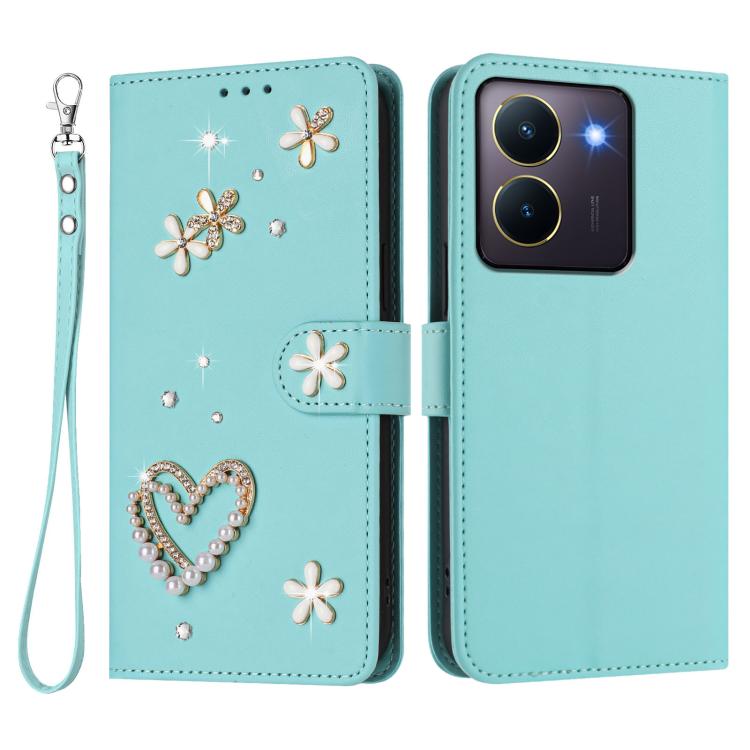 For vivo Y36 5G Global / Y27 5G ZS01 Double-Layer Heart Floral Vegan Leather Phone Case with Wrist Strap