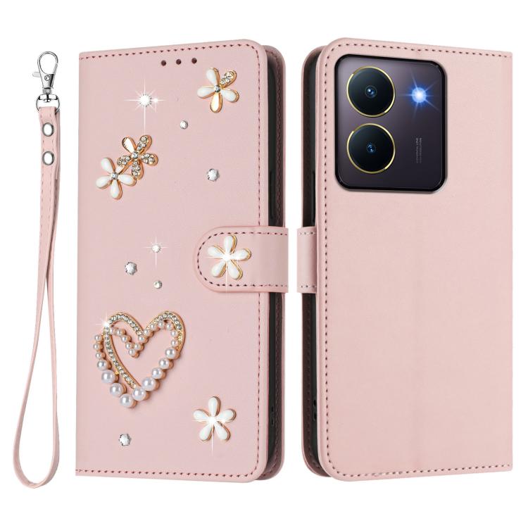 For vivo Y36 5G Global / Y27 5G ZS01 Double-Layer Heart Floral Vegan Leather Phone Case with Wrist Strap