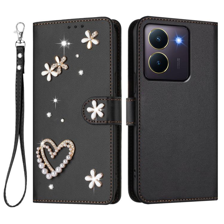 For vivo Y36 5G Global / Y27 5G ZS01 Double-Layer Heart Floral Vegan Leather Phone Case with Wrist Strap