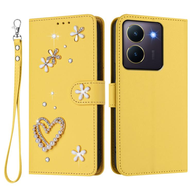For vivo Y36 5G Global / Y27 5G ZS01 Double-Layer Heart Floral Vegan Leather Phone Case with Wrist Strap
