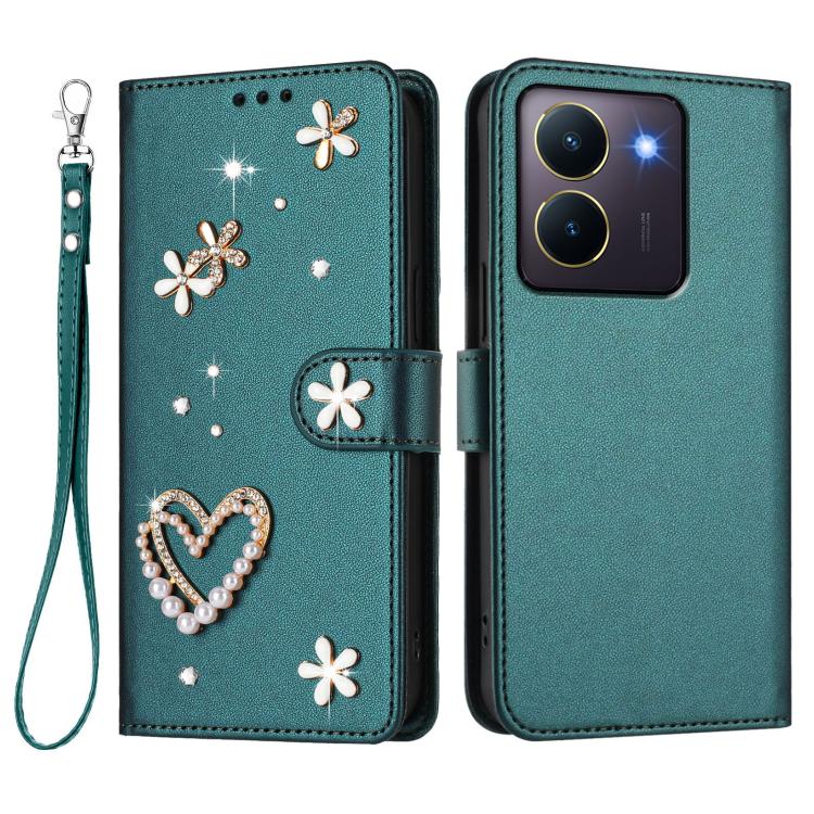 For vivo Y36 5G Global / Y27 5G ZS01 Double-Layer Heart Floral Vegan Leather Phone Case with Wrist Strap