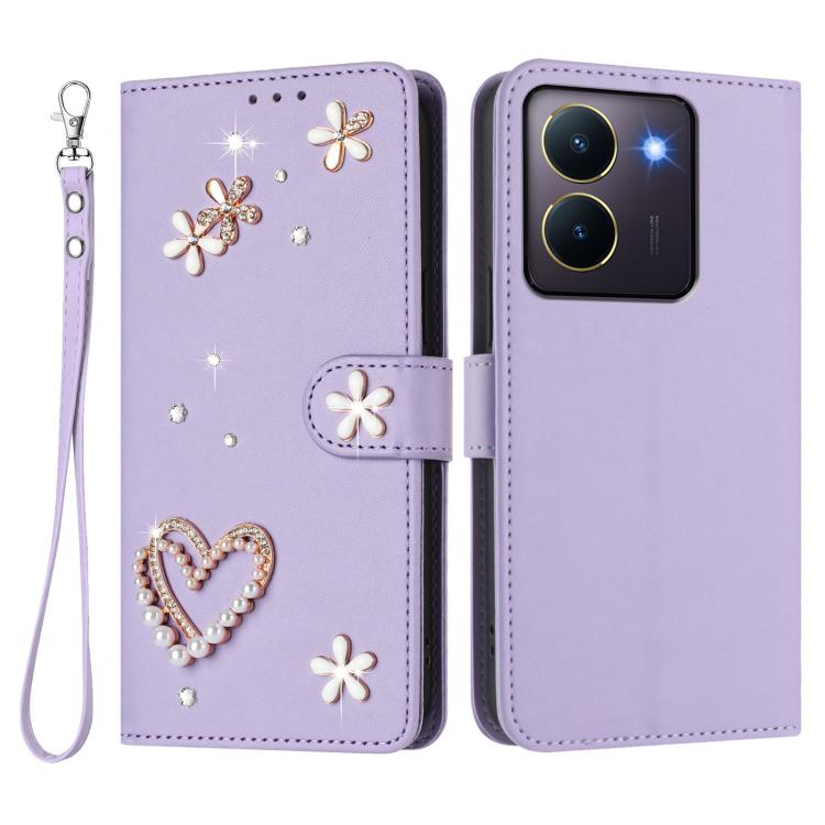 For vivo Y36 5G Global / Y27 5G ZS01 Double-Layer Heart Floral Vegan Leather Phone Case with Wrist Strap