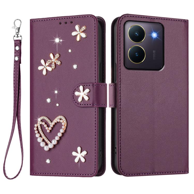 For vivo Y36 5G Global / Y27 5G ZS01 Double-Layer Heart Floral Vegan Leather Phone Case with Wrist Strap
