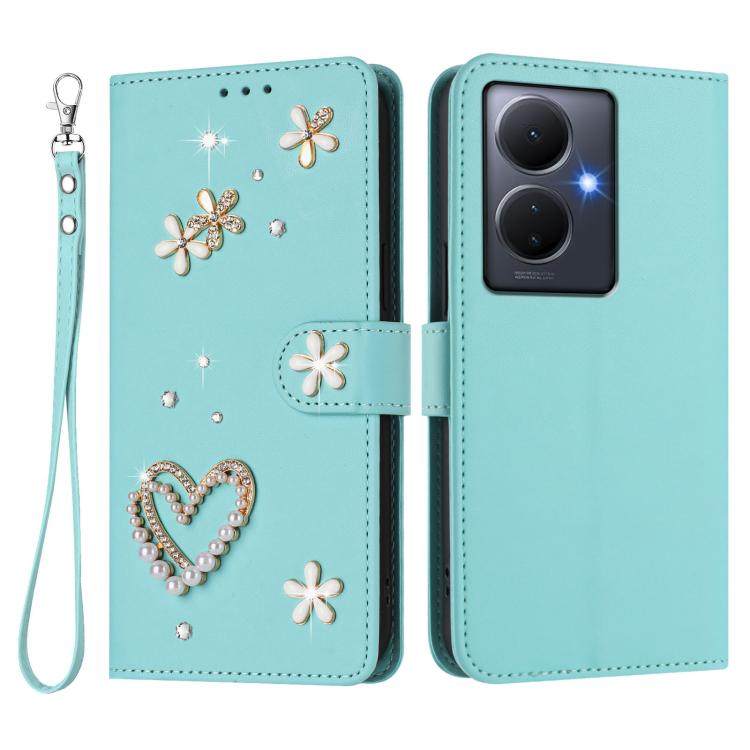 For vivo Y78+ 5G Global / Y78 5G Global ZS01 Double-Layer Heart Floral Vegan Leather Phone Case with Wrist Strap