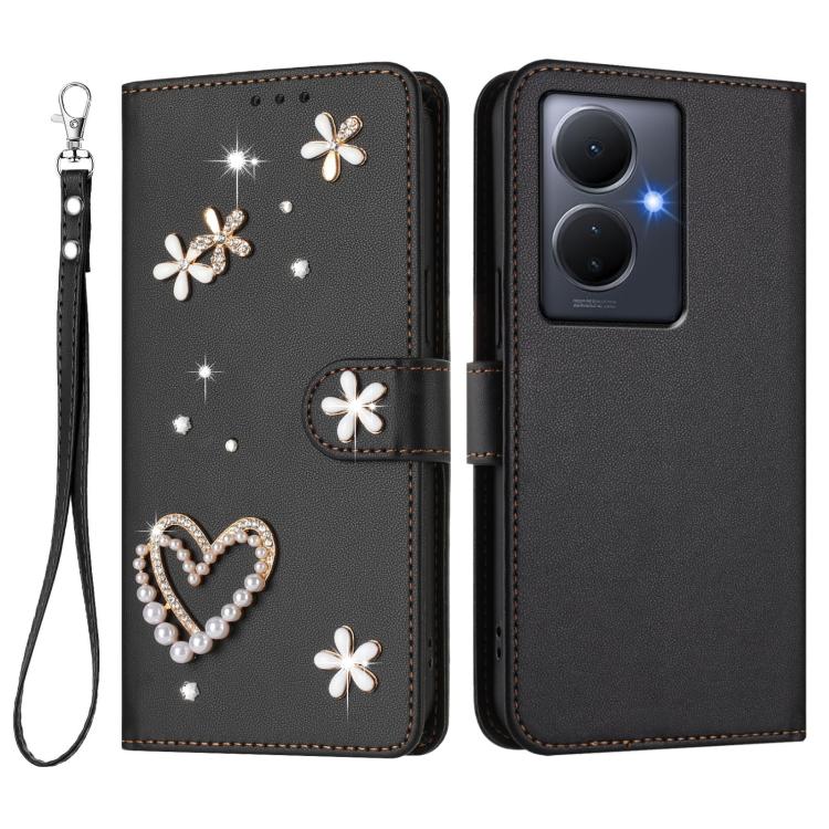For vivo Y78+ 5G Global / Y78 5G Global ZS01 Double-Layer Heart Floral Vegan Leather Phone Case with Wrist Strap