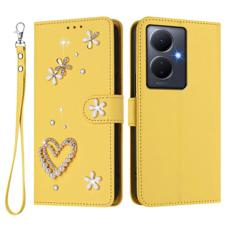For vivo Y78+ 5G Global / Y78 5G Global ZS01 Double-Layer Heart Floral Vegan Leather Phone Case with Wrist Strap