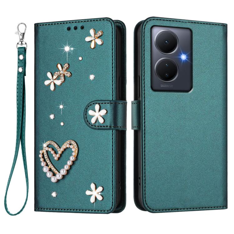 For vivo Y78+ 5G Global / Y78 5G Global ZS01 Double-Layer Heart Floral Vegan Leather Phone Case with Wrist Strap